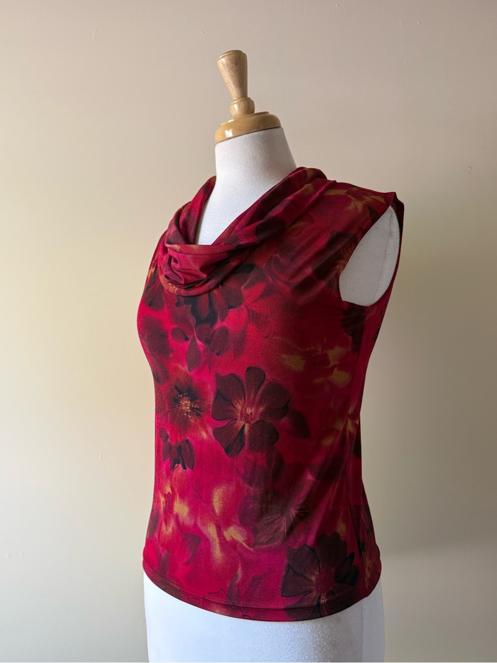 Two Roads Vintage Y2K Red Floral Cowl Neck Mesh Sleeveless Top